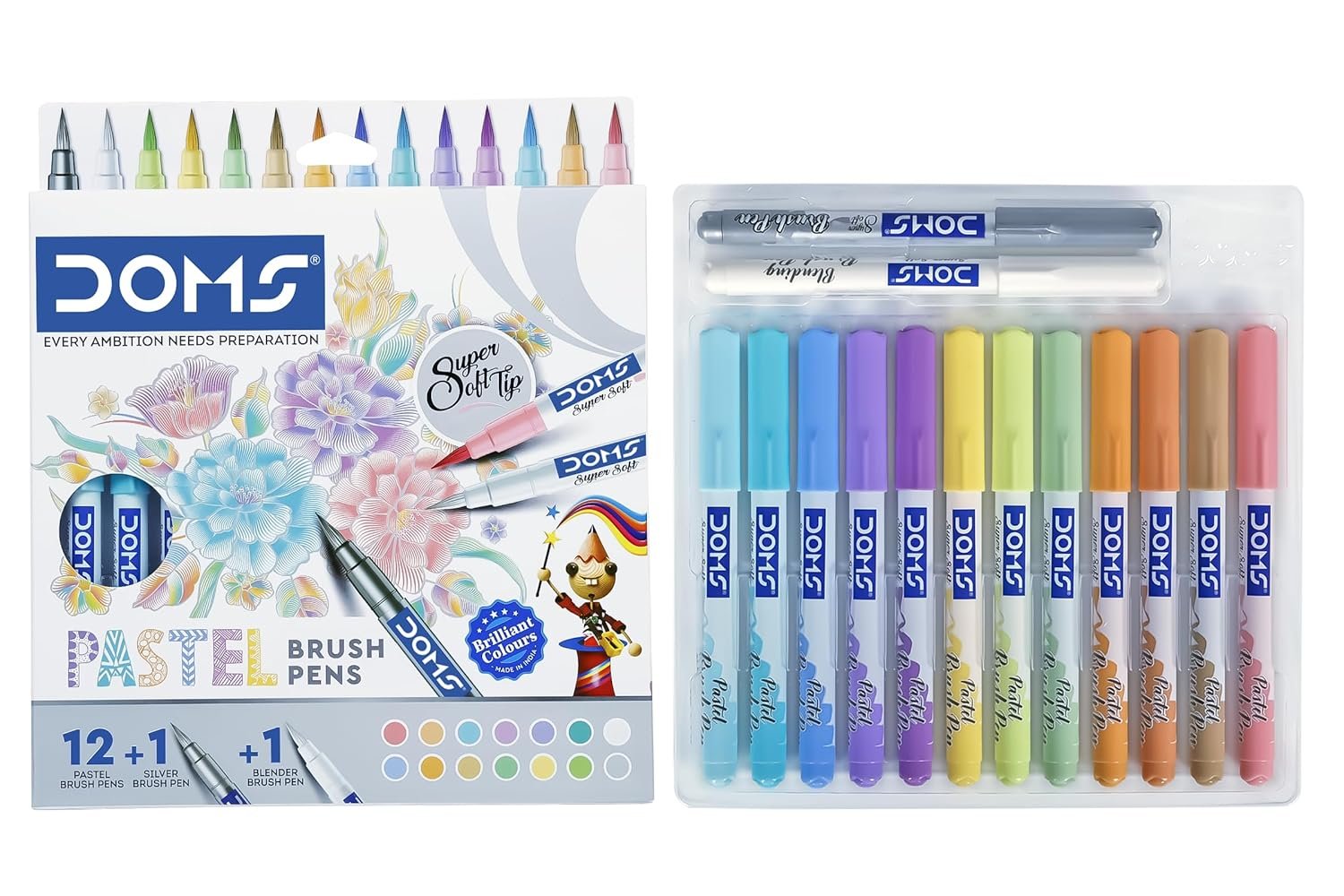 Doms Pastel Brush Pens | 14 Shades | 12 + 1 + 1 | Pack of 1 | Multicolor